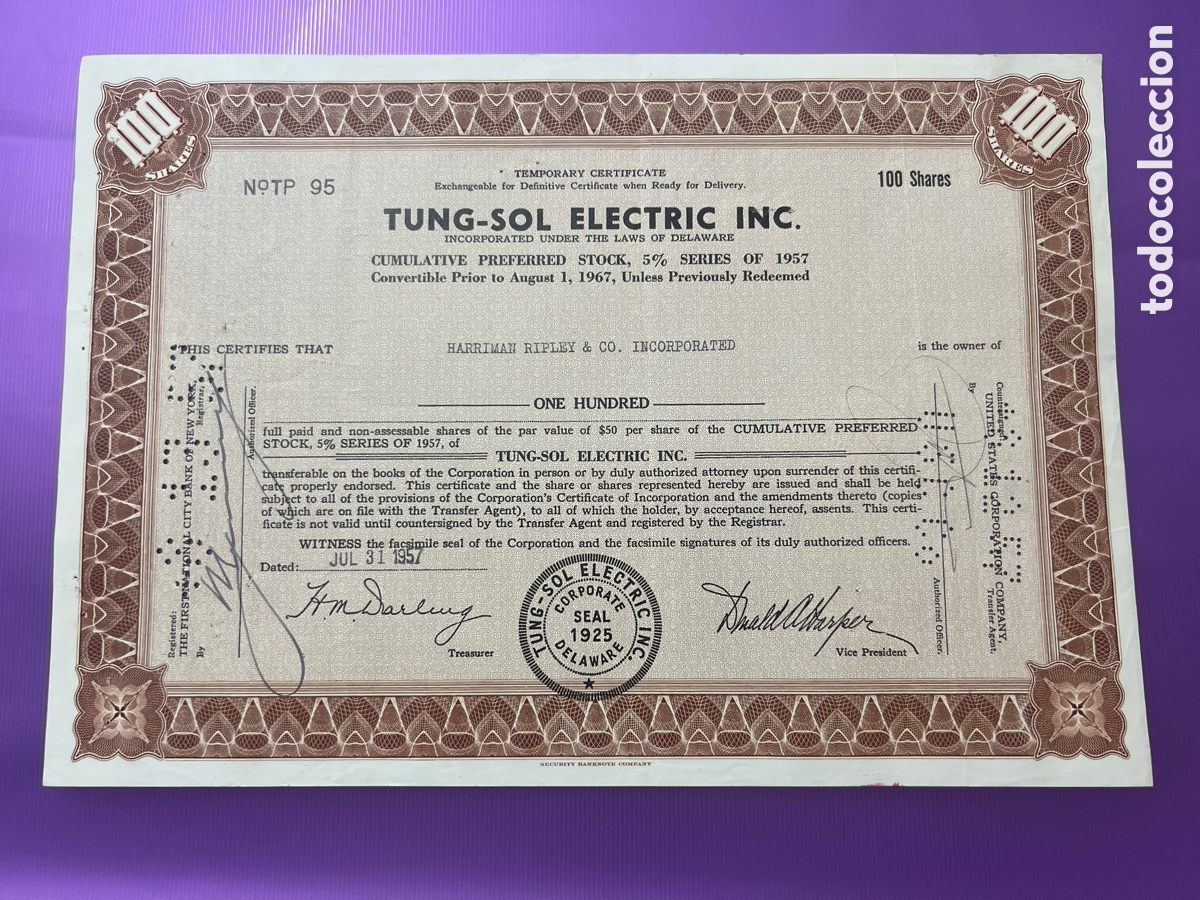 Coleccionismo acciones extranjeras: A21. ACCI&Oacute;N 1957 - TUNG-SOL ELECTRIC INC.