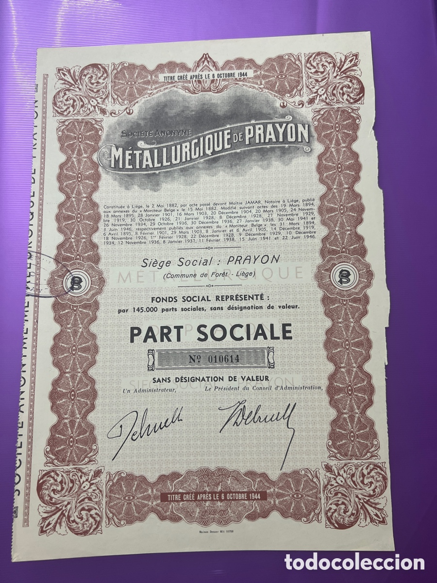 Coleccionismo acciones extranjeras: A22. M&eacute;tallurgique de Prayon 1944. F&ocirc;ret, Lieja, B&eacute;lgica. Producci&oacute;n de Zinc y Plomo
