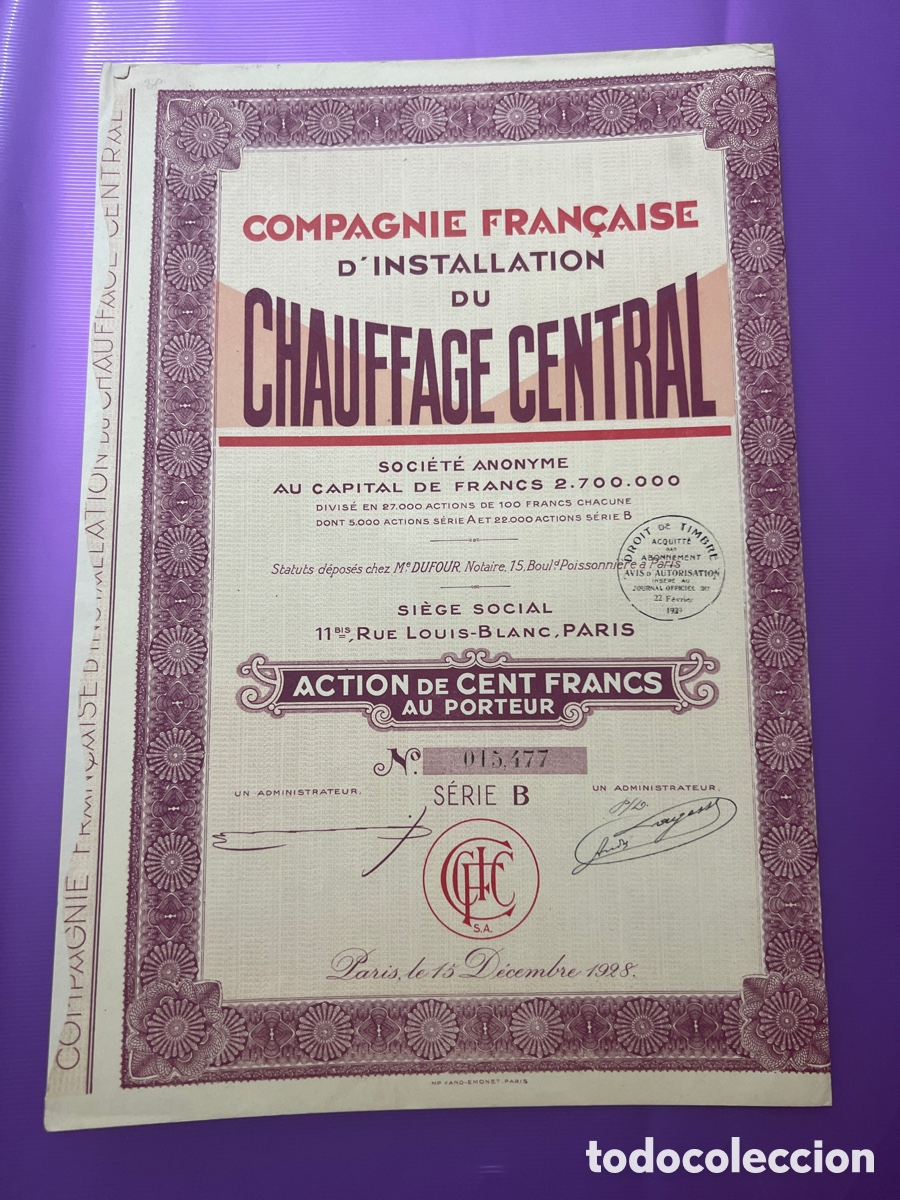 Coleccionismo acciones extranjeras: A22. ACCI&Oacute;N 1928 - COMPAGNE FRAN&Ccedil;AISE - D&rsquo;INSTALLATION DE CHAUFFAGE CENTRAL