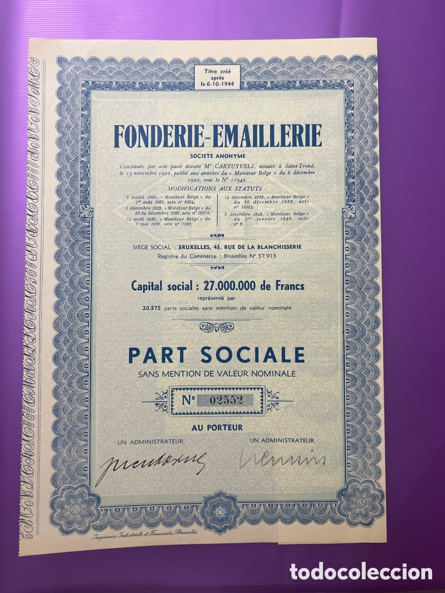 Coleccionismo acciones extranjeras: A22. Fonderie-Emaillerie S.A Bruselas (B&eacute;lgica) 1949 ,acci&oacute;n