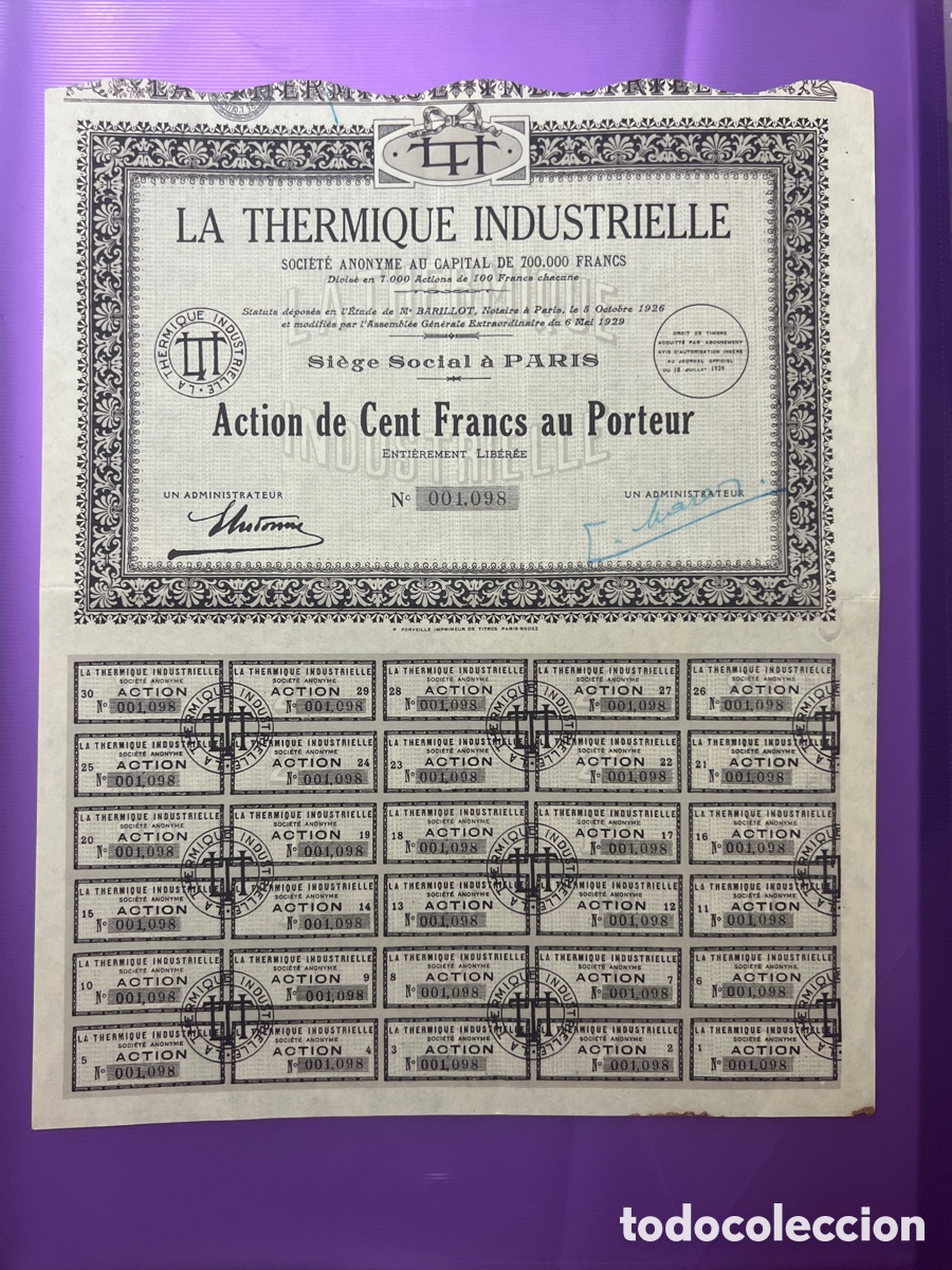 Coleccionismo acciones extranjeras: A23. ACCI&Oacute;N 1929 - LA THERMIQUE INDUSTRIELLE