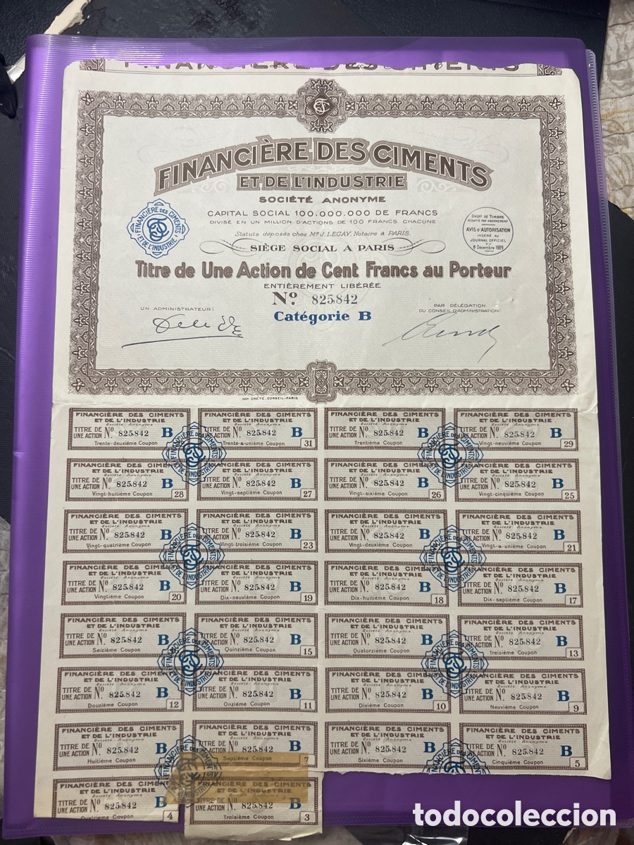 Coleccionismo acciones extranjeras: A24. Financi&egrave;re des Ciments et de L&acute;Industrie ,1928 Paris ,Francia ,acci&oacute;n