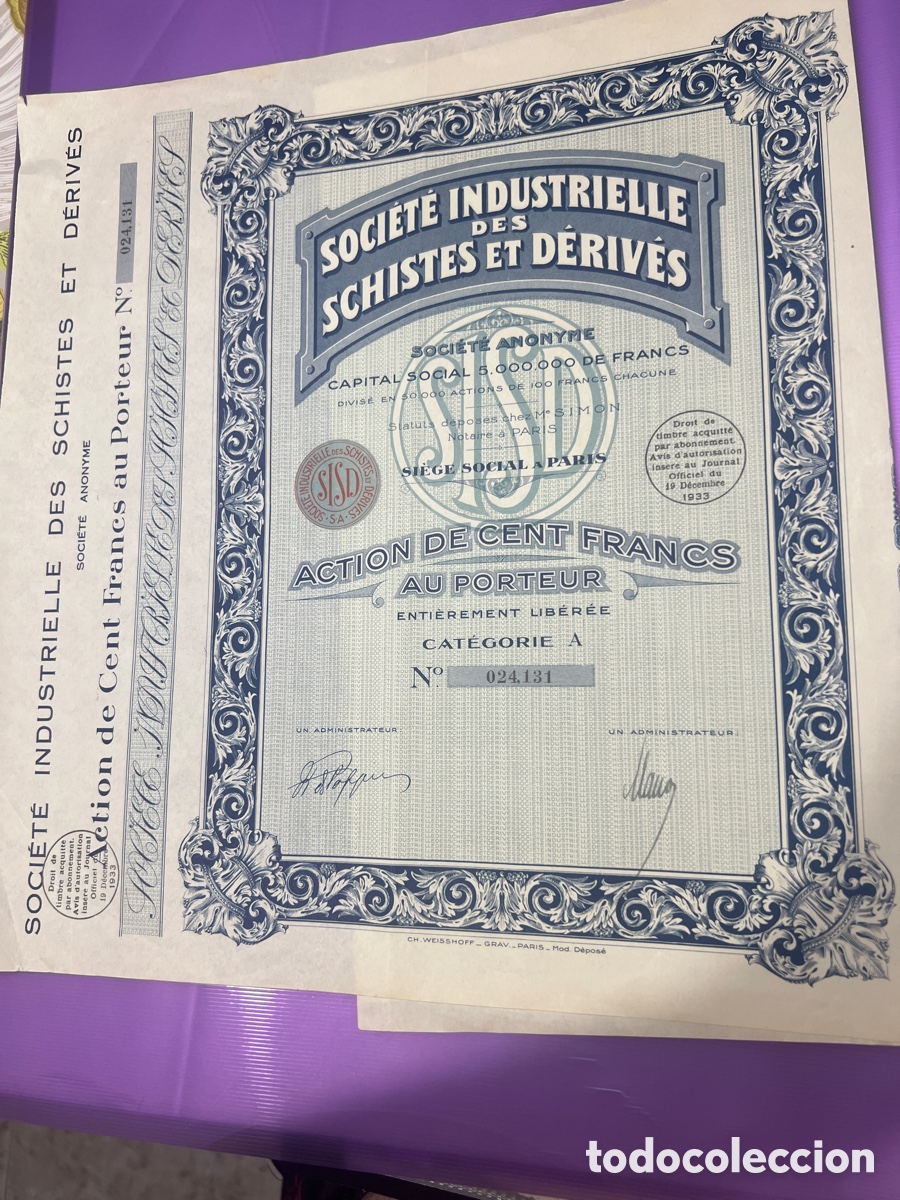 Coleccionismo acciones extranjeras: A25. ACCION , SOCIETE INDUSTRIELLE , SCHITES ET DERIVES, 1933