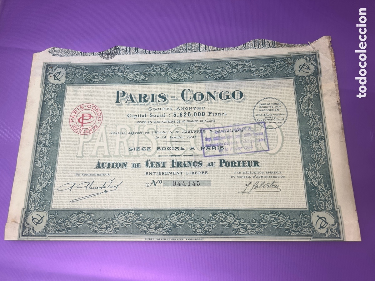 Coleccionismo acciones extranjeras: A25. ACCI&Oacute;N 1925 - PARIS - CONGO