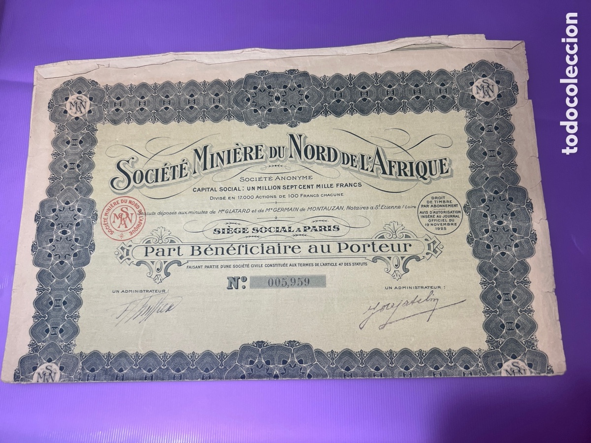 Coleccionismo acciones extranjeras: A27. ACCI&Oacute;N 1925 - SOCIETE MINIERE DU NORD DE L&rsquo;AFRIQUE - PARIS