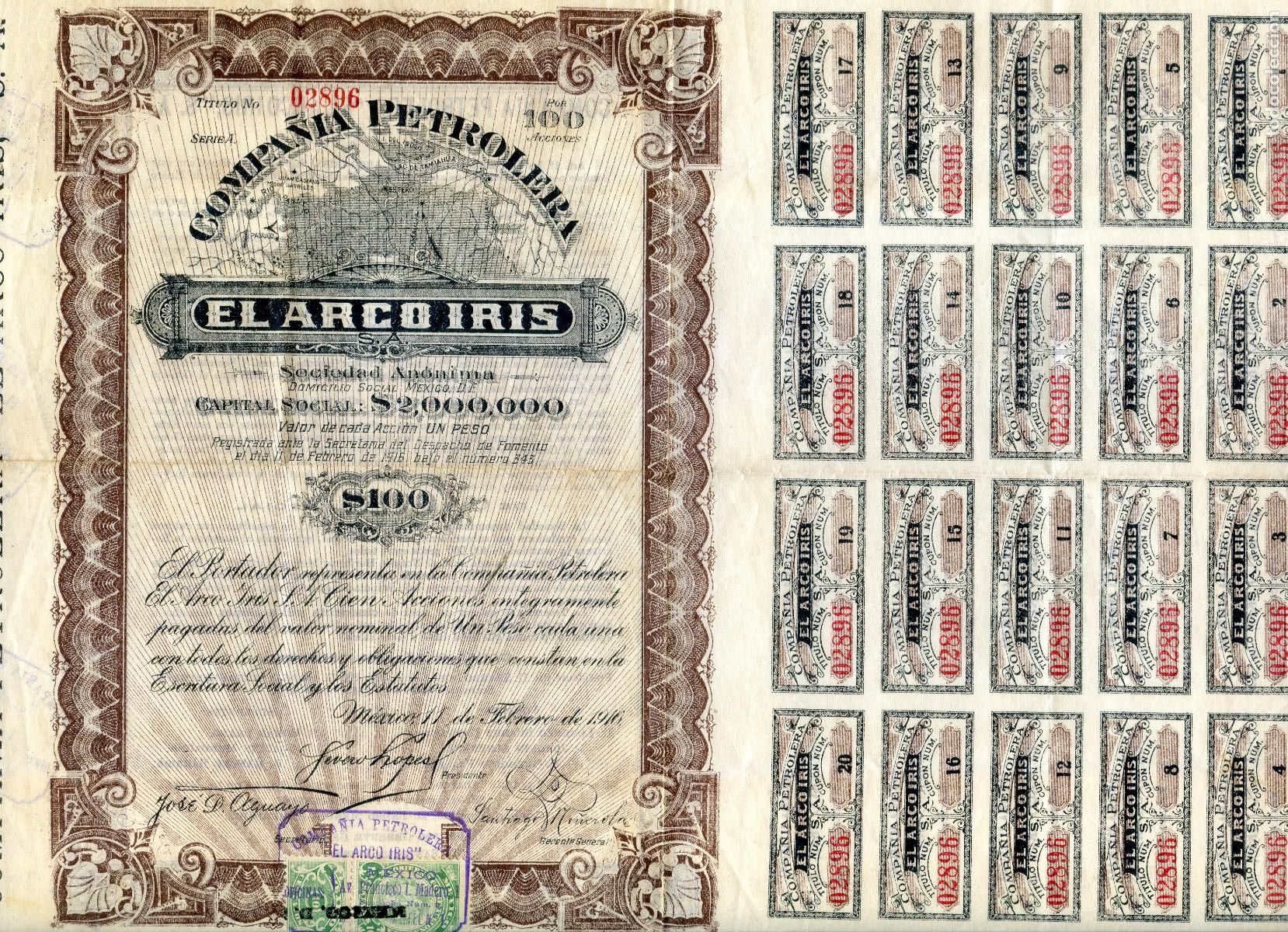 Coleccionismo acciones extranjeras: Compa&ntilde;&iacute;a Petrolera El Arco Iris, S.A., M&eacute;xico D.F. 1916, 100 acciones, conserva cupones