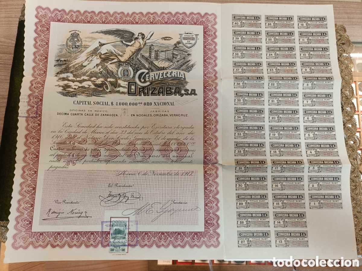 Coleccionismo acciones extranjeras: MUY RARA ACCION CERVECERIA ORIZABA S.A.MEXICO . NOVIEMBRE 1917. TITULO 0377. 50 ACCIONES.PROVEEDOR C