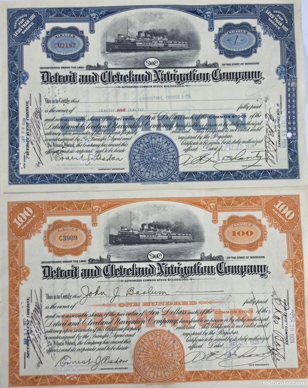 Coleccionismo acciones extranjeras: 2 acciones Detroit and Cleveland Navigation Company 1928