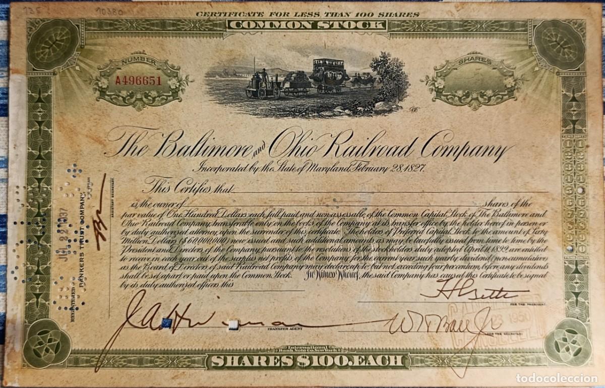 Coleccionismo acciones extranjeras: ACCI&Oacute;N. THE BALTIMORE AND OHIO RAILROAD COMPANY. 100 DOLARES. 1937.