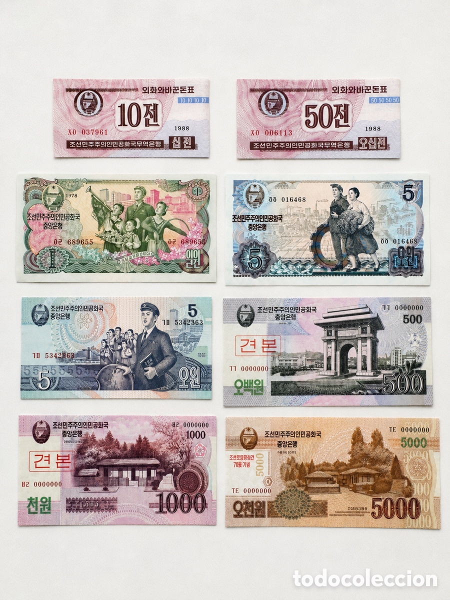 Coleccionismo acciones extranjeras: 8 billetes de la Rep&uacute;blica Democr&aacute;tica de Corea
