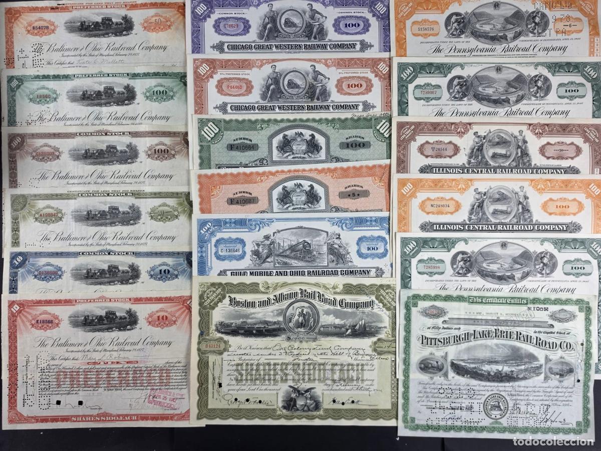 Coleccionismo acciones extranjeras: Pack 18 t&iacute;tulos de ferrocarril USA del siglo XX