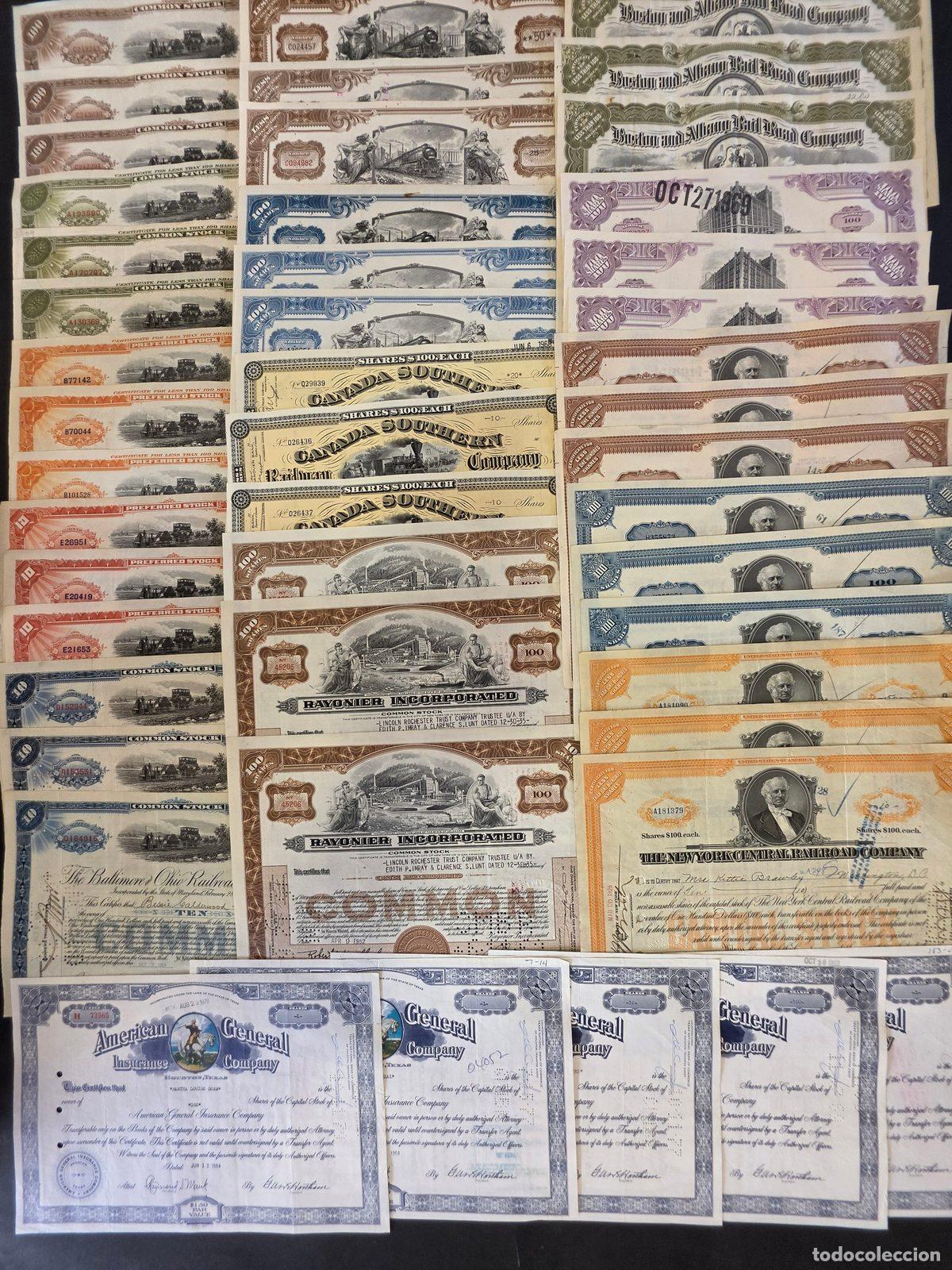 Coleccionismo acciones extranjeras: Lote de 50 acciones originales de distintas compa&ntilde;&iacute;as de Estados Unidos.