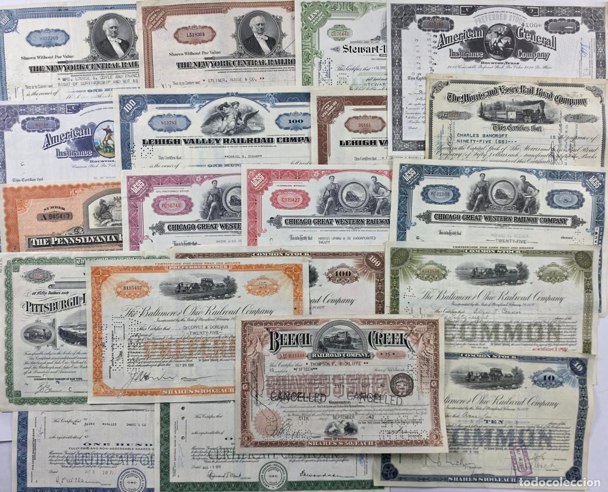 Coleccionismo acciones extranjeras: Extraordinario lote de 20 acciones hist&oacute;ricas de Estados Unidos diferentes.