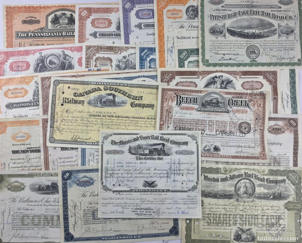 Coleccionismo acciones extranjeras: Lote de 24 acciones hist&oacute;ricas de trenes de Estados Unidos.
