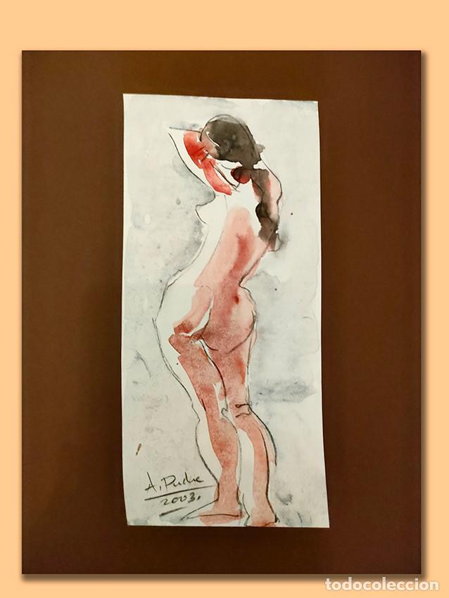 Arte: Mujer de pie. Acuarela. Desnudo femenino. Obra original firmada