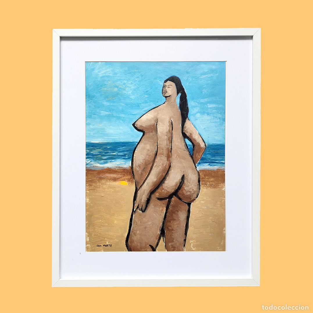 Art: MUJER PASEANDO EN LA PLAYA. Desnudo femenino BBW. 42 x 52 cms. Obra original firmada