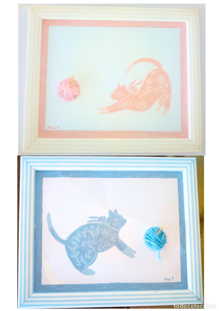 Art: Dos dibujos enmarcados, tecnica mixta, acr&iacute;lico, cuadro gatos, dibujo gatos, cuadro infantil, cuadro