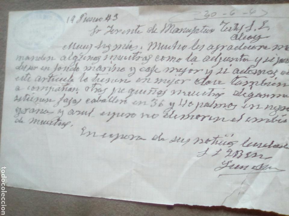 Calendriers: CARTA MANUSCRITA DE TEJIDOS Y COLONIALES ALCOLEA DE CALATRAVA A ALCOY, 1943. Solicitud muestras