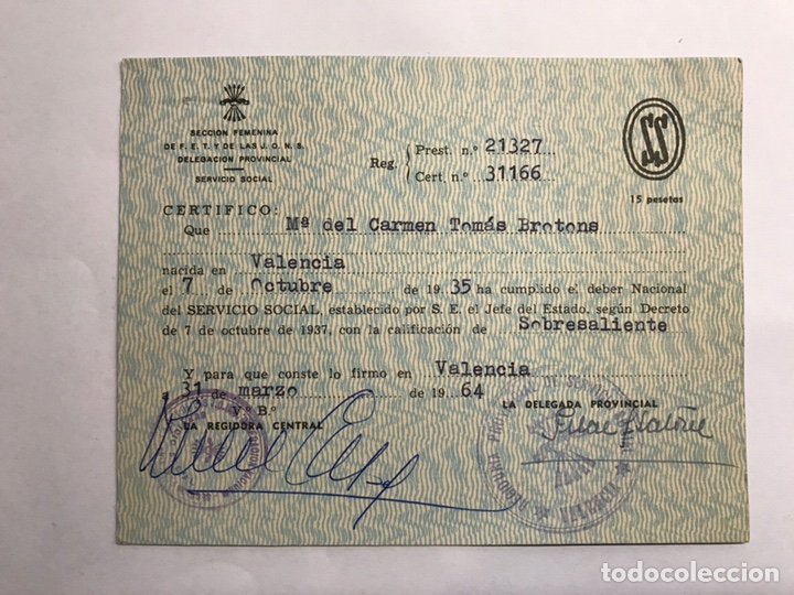 Calendars: VALENCIA . Secci&oacute;n Femenina. del F.E.T y de las J.O.N.S. Deleg. Provincial . Servicio Social