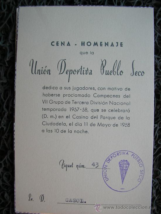 Collection pennants: UNION DEPORTIVA PUEBLO SECO CENA - HOMENAJE TEMPORADA 1957 1958