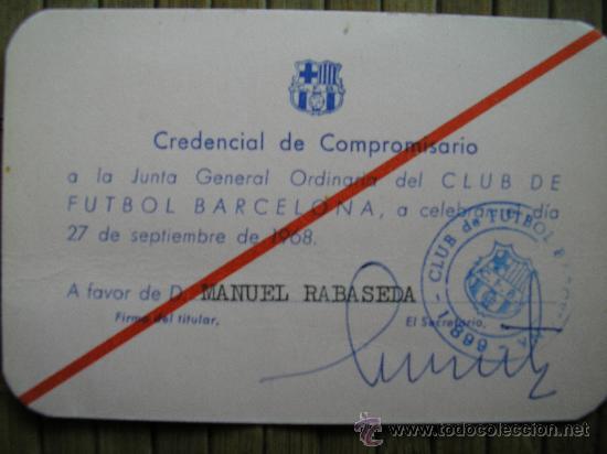Collection pennants: BAR&Ccedil;A - CARNET ACREDITACI&Oacute;N DE COMPROMISARIO F.C. BARCELONA PARA LA JUNTA GENERAL DEL DIA 27//9/1968