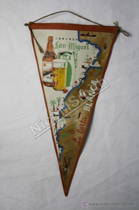 Banderines de colecci&oacute;n: Banderin A&ntilde;os 60 Cerveza San Miguel - La Costa Blanca - Publicidad Tela Impresa