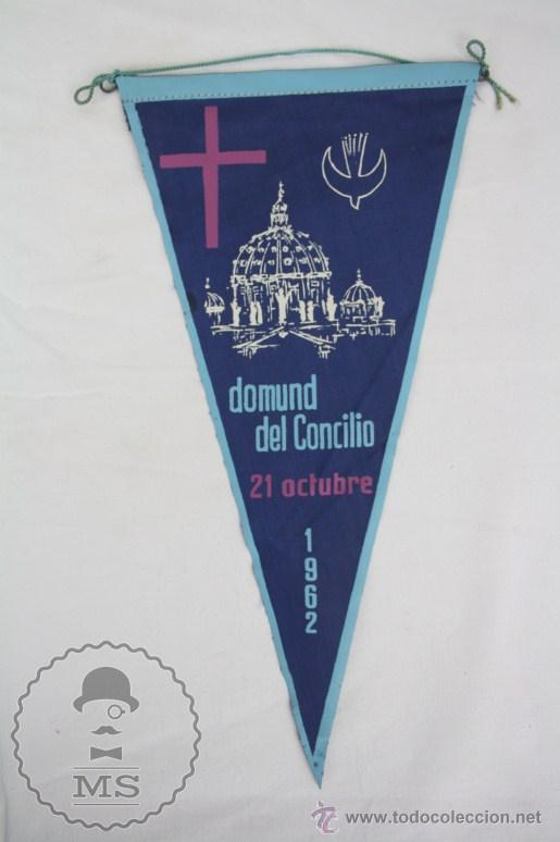 Galhardetes de cole&ccedil;&atilde;o: Bander&iacute;n de Tela, A&ntilde;o 1962 - Domund del Concilio Vaticano II - Medidas 28 x 14,5 Cm