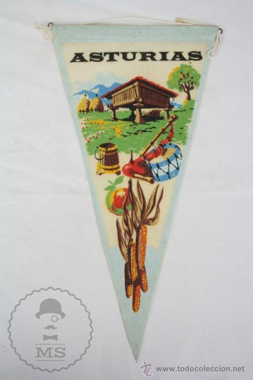 Fanions de collection: Bander&iacute;n de Fieltro / Tela, A&ntilde;os 60-70 - Asturias - Medidas 28,5 x 15 Cm