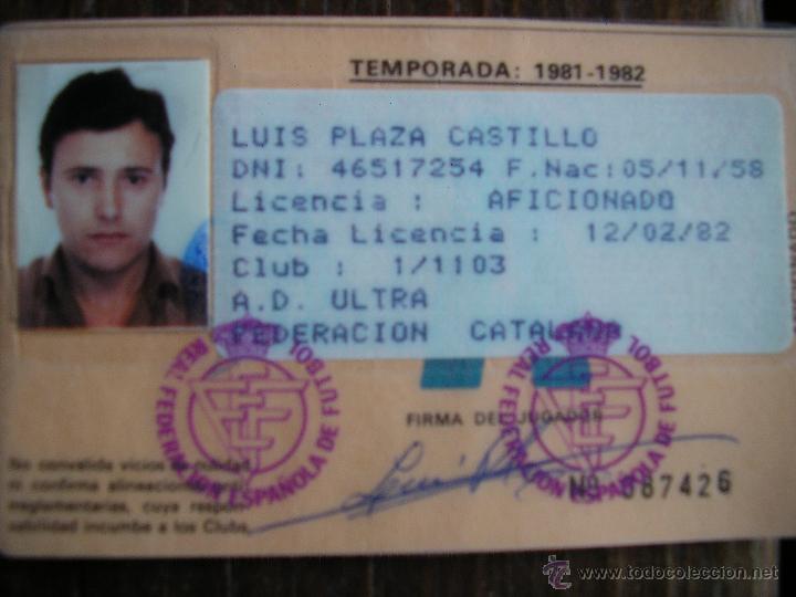 Banderines de colecci&oacute;n: CARNET LICENCIA FEDERACION ESPA&Ntilde;OLA DE FUTBOL CLUB AD PLUS ULTRA 1981 1982 FEDERACION CATALANA