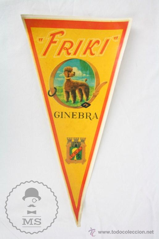 Banderines de colecci&oacute;n: Antiguo Bander&iacute;n / Adhesivo Publicitario - Ginebra Friki - VGA - Perro Caniche - Medidas 29 x 15 Cm