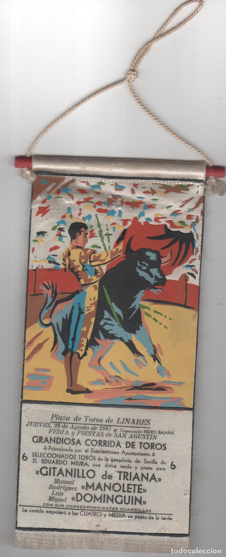 Galhardetes de cole&ccedil;&atilde;o: Bander&iacute;n  original Corrida de Toros en que muri&oacute; Manolete. Tama&ntilde;o sin la cuerda 19,5 X 8,5 cms