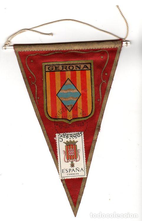 Fanions de collection: GERONA BANDERIN CON SELLO DEL PRIMER DIA ESCUDO DE GERONA