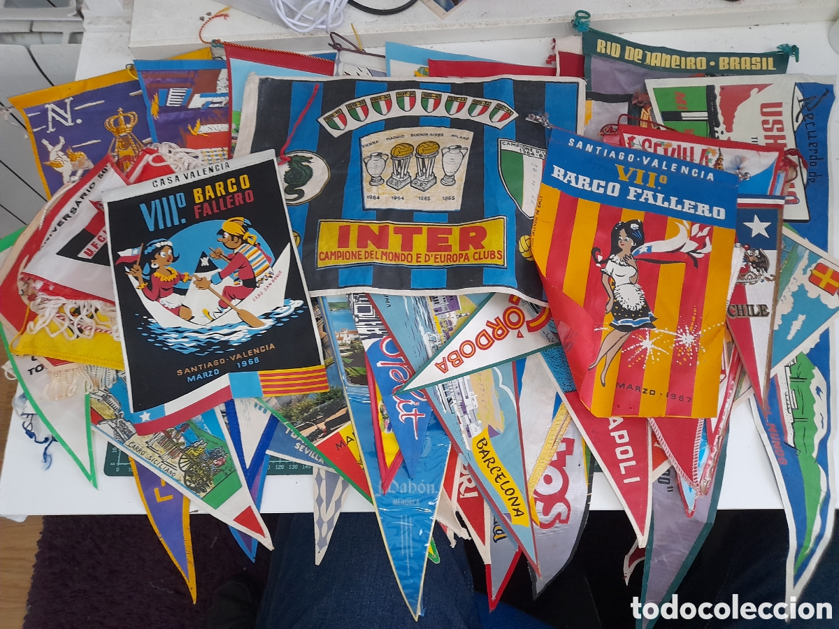 Collection pennants: Gran Lote de banderines a&ntilde;os 60, tem&aacute;tica f&uacute;tbol, pa&iacute;ses, regiones, marcas, viajes barco, etc