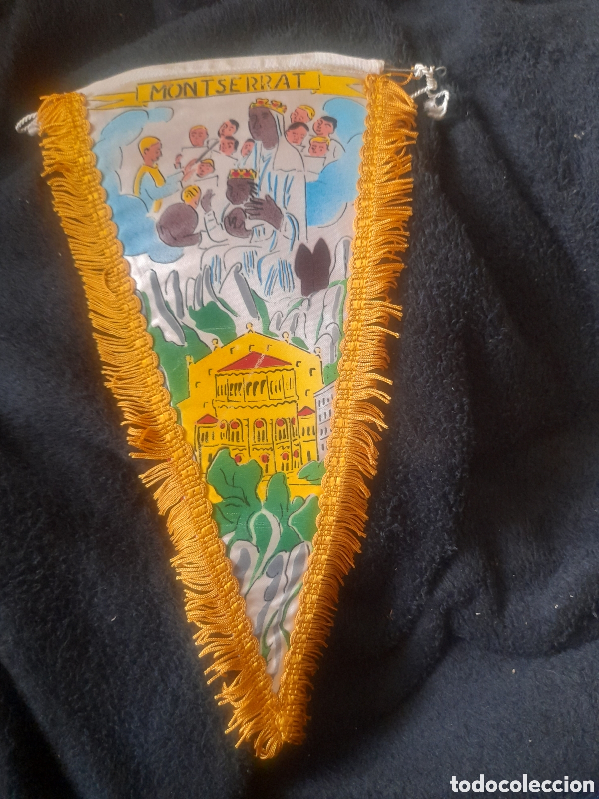 Bandierine di collezione: Antiguo banderin a doble cara, Monserrat y Espa&ntilde;a,27 cm de altura