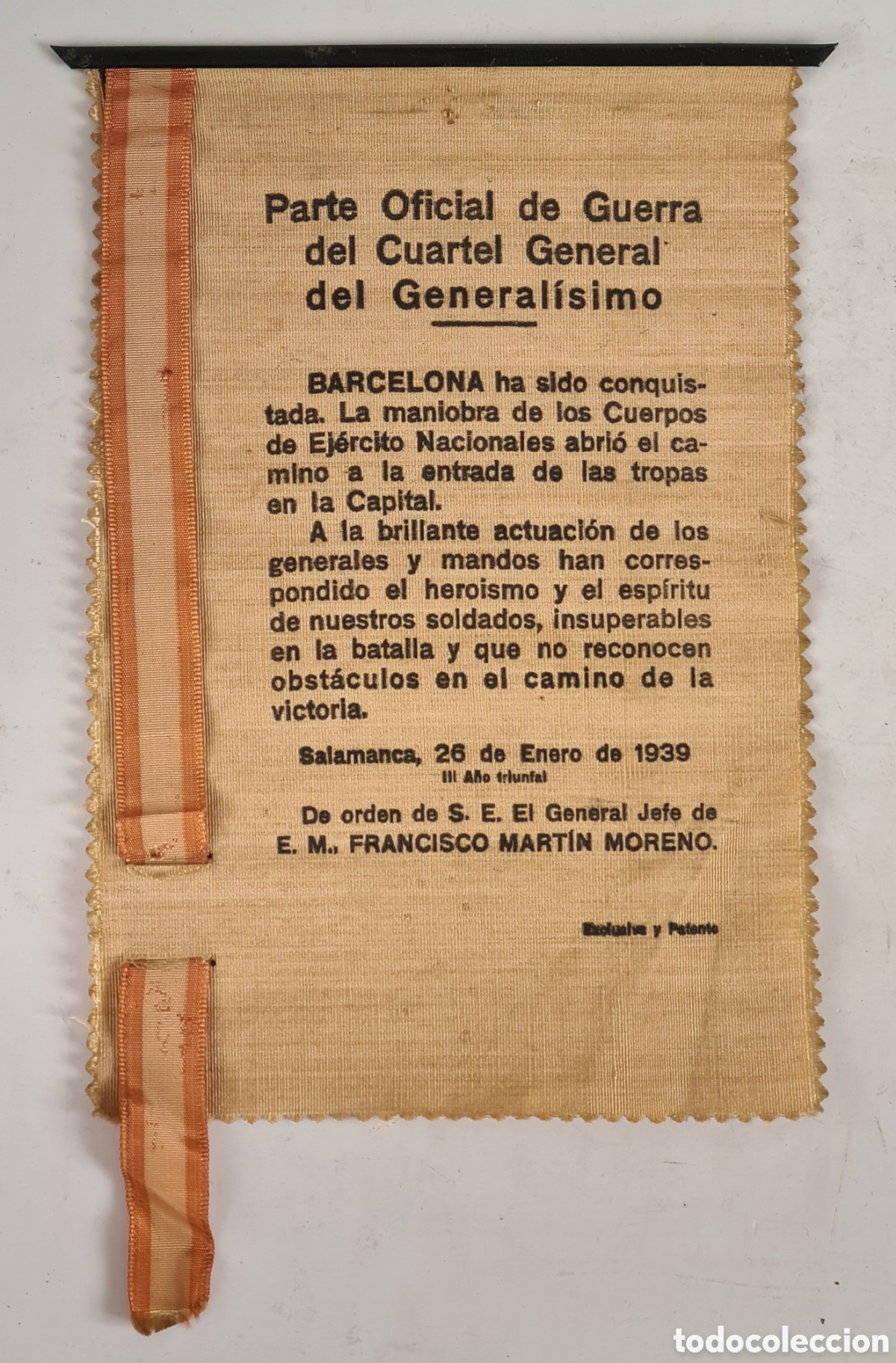 Sammlung von Wimpeln: Parte Oficial de Guerra del Cuartel General del General&iacute;simo - Barcelona Conquistada Salamanca 1939