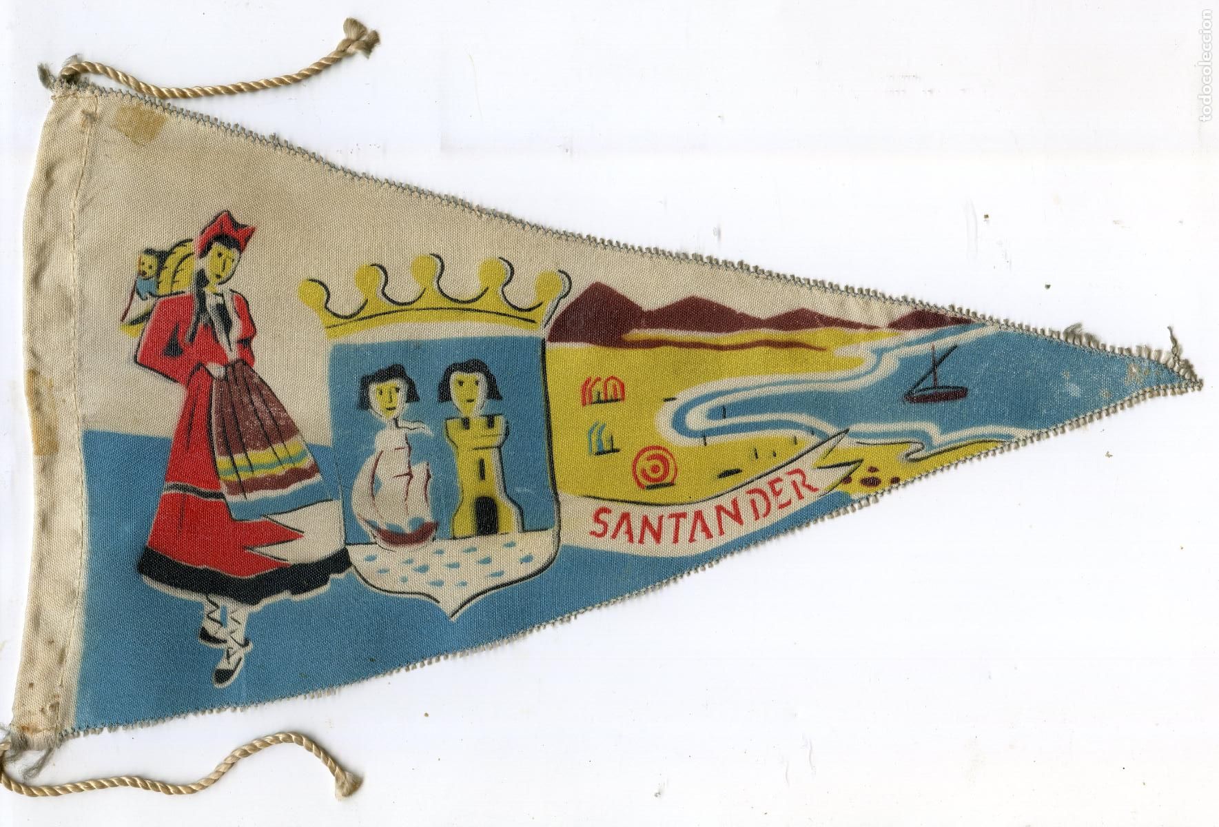 Galhardetes de cole&ccedil;&atilde;o: Bander&iacute;n de tela Santander, con escudo de la ciudad y traje regional de Cantabria