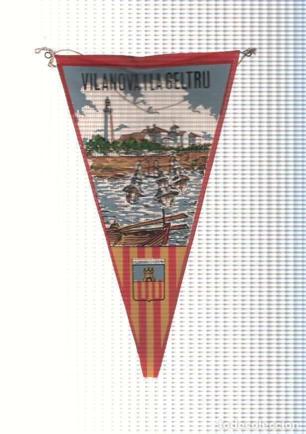 Bandierine di collezione: BANDERIN: VILANOVA I LA GELTRU, Barcelona - Ilustracion des la Playa del Far y escudo de la localida