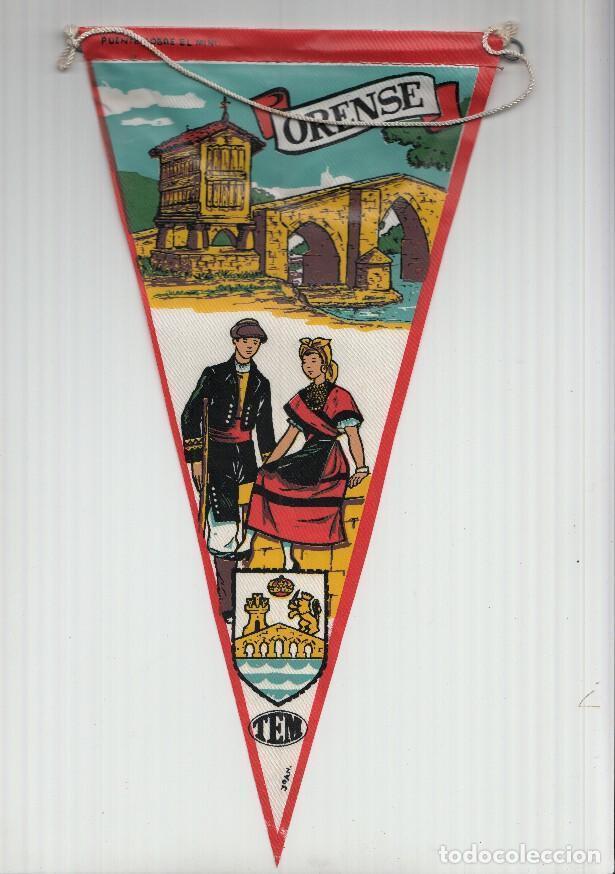 Bandierine di collezione: BANDERIN: TEM ORENSE - Ilustracion de PUENTE SOBRE EL MI&Ntilde;O Y ORREO, Trajes tipicos y escudo de la lo