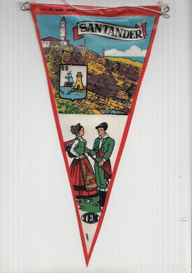 Fanions de collection: BANDERIN: TEM SANTANDER - Ilustracion del FARO DEL CABO MAYOR, Trajes tipicos y escudo de la localid