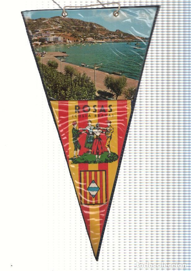 Fanions de collection: BANDERIN: ROSES, Girona - Imagen de la playa de Roses y escudo de Girona - VARIOS
