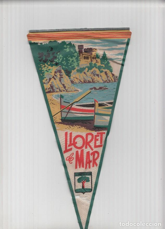 Fanions de collection: Banderin: LLORET DE MAR, Girona - Ilustracion desde la Playa de barca, Castillo de Lloret y escudo d