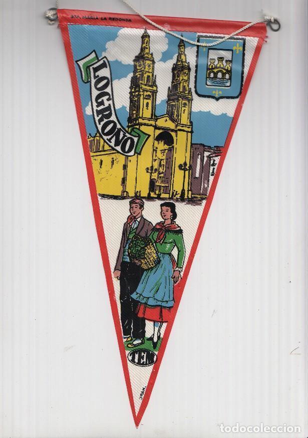 Fanions de collection: BANDERIN: TEM LOGRO&Ntilde;O - Ilustracion de SANTA MARIA LA REDONDA, Trajes tipicos y escudo de la localid