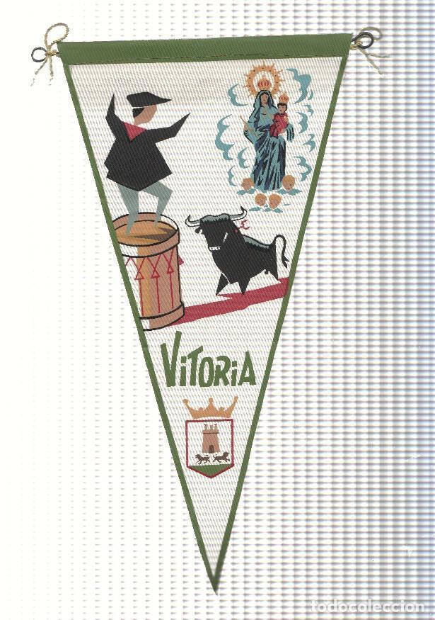 Fanions de collection: BANDERIN: VITORIA - Ilustracion de la Virgen Blanca, Toro , Bombo de Tamborrada y escudo de la local