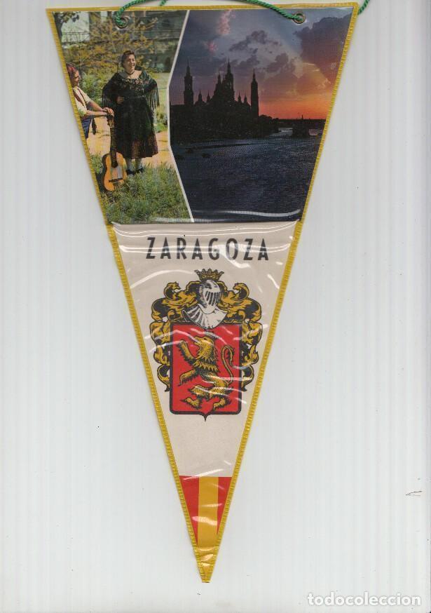 Fanions de collection: BANDERIN: ZARAGOZA - Imagen nocturna de la basilica del Pilar, mujer con traje tipico y escudo de la