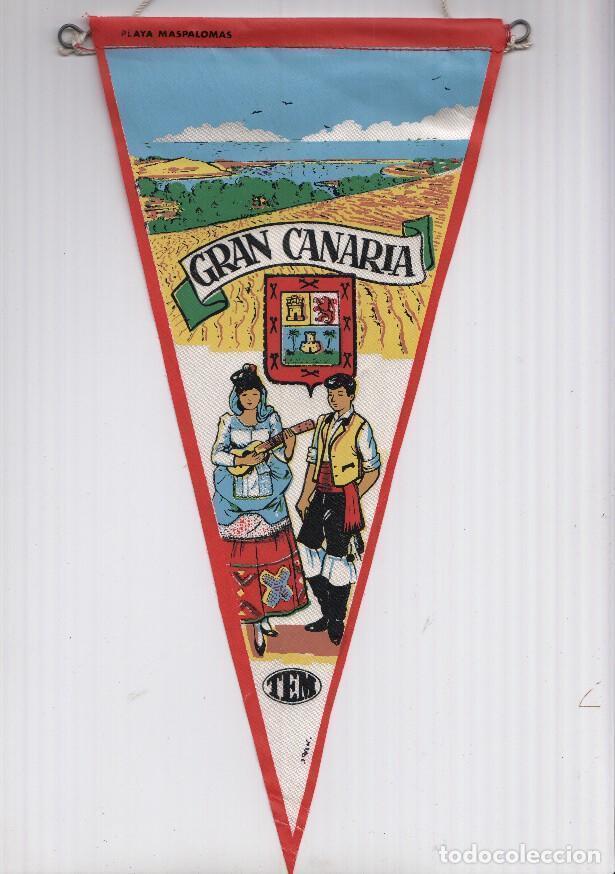 Fanions de collection: BANDERIN: TEM GRAN CANARIA - Ilustracion de PLAYA MASPALOMAS, Trajes tipicos y escudo de la localida
