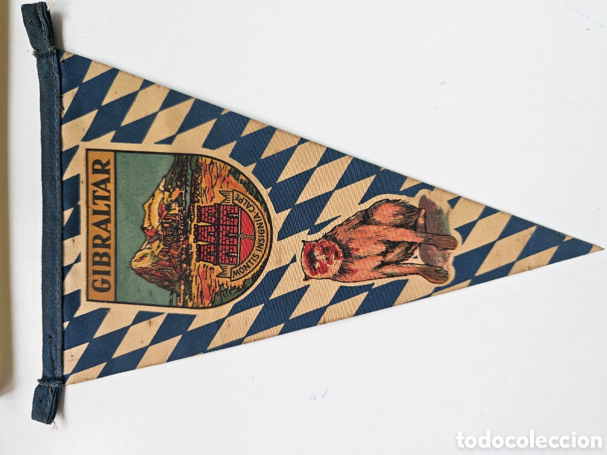 Banderines de colecci&oacute;n: Bander&iacute;n Vintage de Gibraltar - Escudo Her&aacute;ldico y Macaco de Berber&iacute;a - A&ntilde;os 60/70