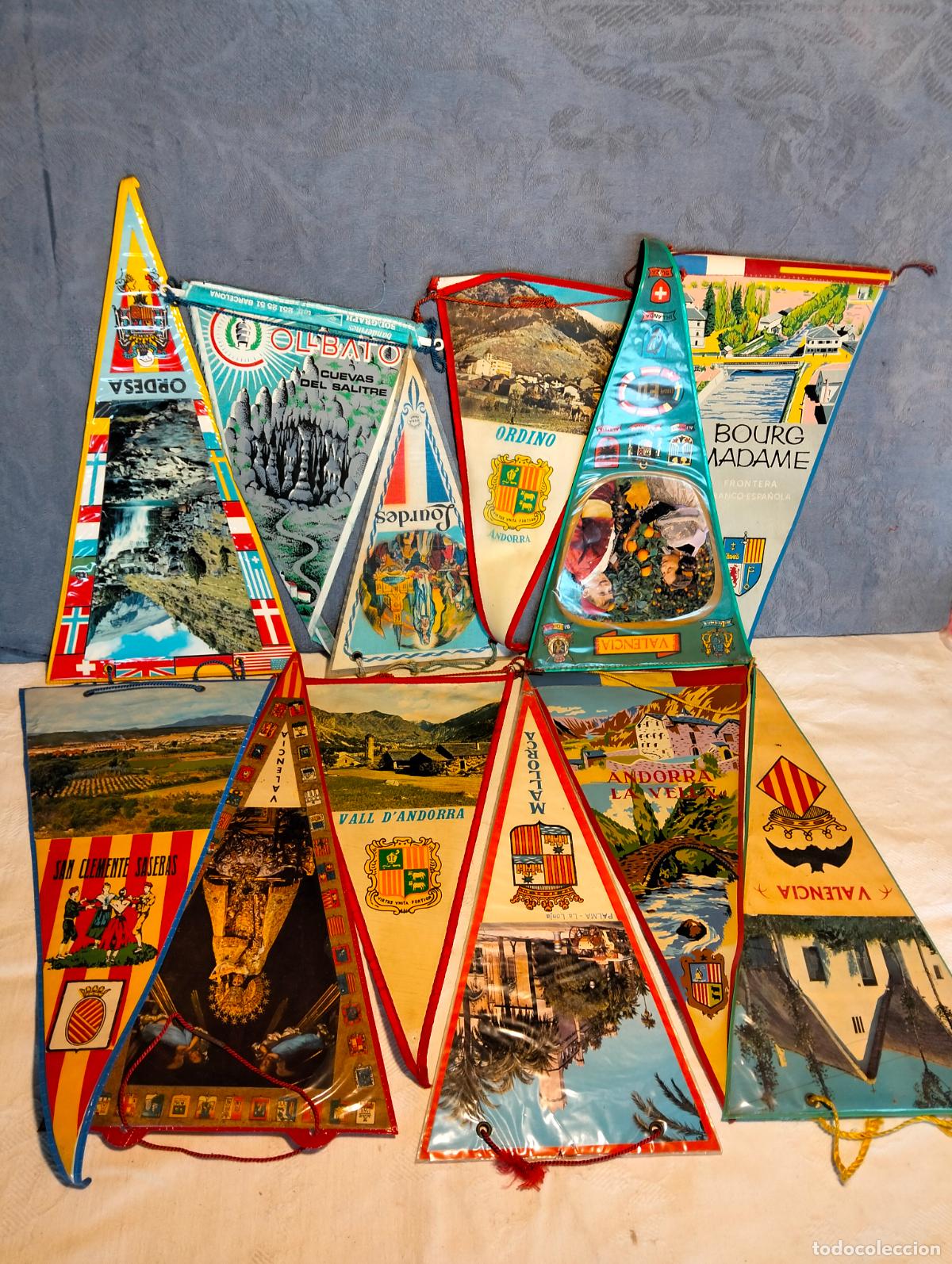 Galhardetes de cole&ccedil;&atilde;o: Lote banderines vintage banderas Espa&ntilde;a ciudades y pueblos andorra cat val bale recuerdo a&ntilde;os 80-90