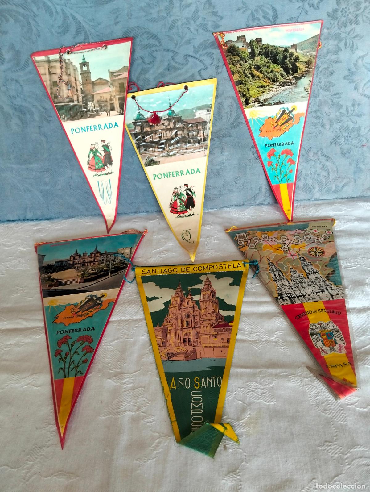 Galhardetes de cole&ccedil;&atilde;o: Lote banderines vintage banderas Espa&ntilde;a Ponferrada galiza santiago de compostela recuerdo a&ntilde;os 80-90