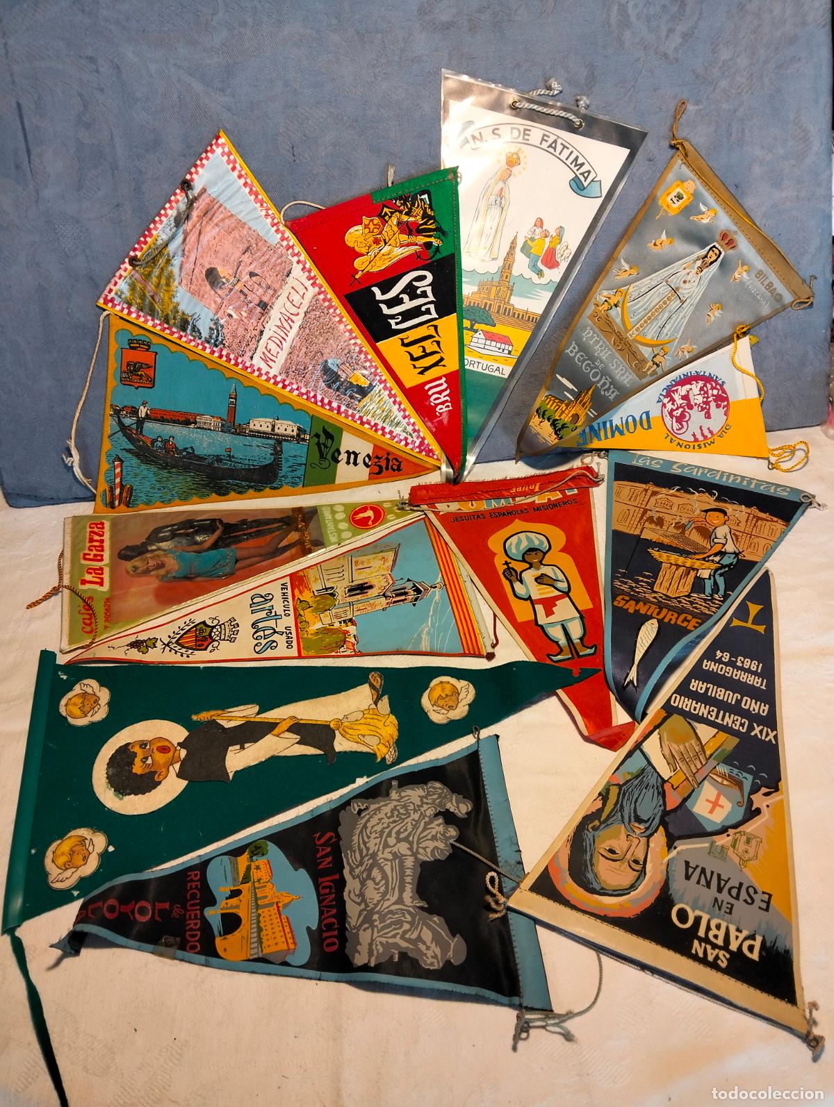 Galhardetes de cole&ccedil;&atilde;o: Lote banderines vintage banderas europa espa&ntilde;a santos pintadas curiosas recuerdo a&ntilde;os 80-90
