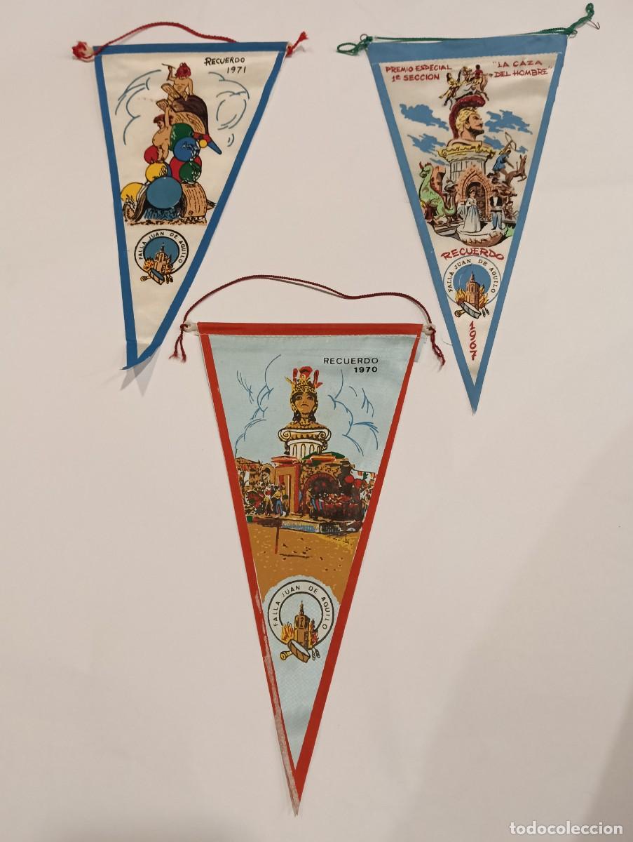 Banderines de colecci&oacute;n: Lote de 3 antiguos banderines de las Fallas de Valencia (1967, 1970, 1971) - Falla Juan de Aguil&oacute;